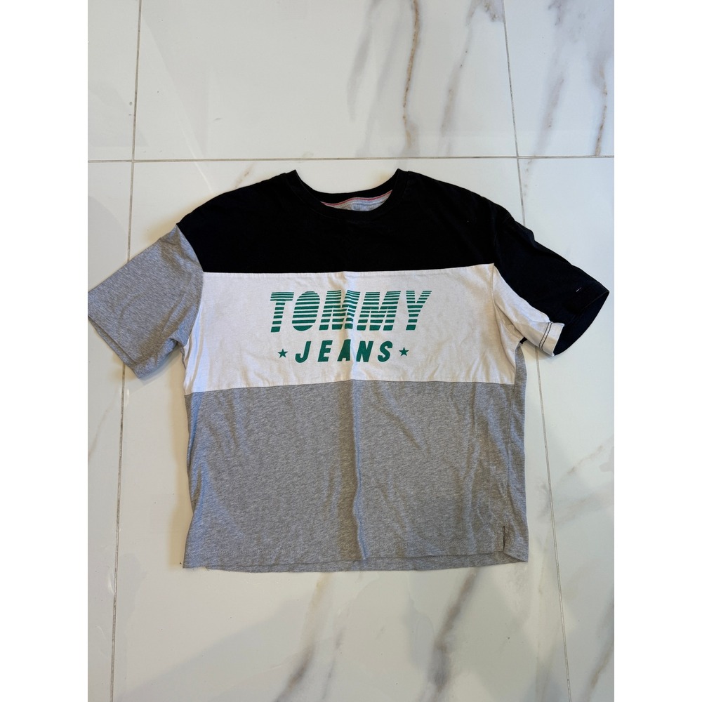 Tommy Jeans Womens Colorblock Logo T-Shirt‎ Black White Grey Green Size S